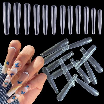 AddFavor 600pcs 3XL Clear Nail Tips Coffin Full Cover Ballerina Shape Extra Long Acrylic Fake Nails Professional False Nail Tip for Salons &amp; Home DIY, 12 Sizes