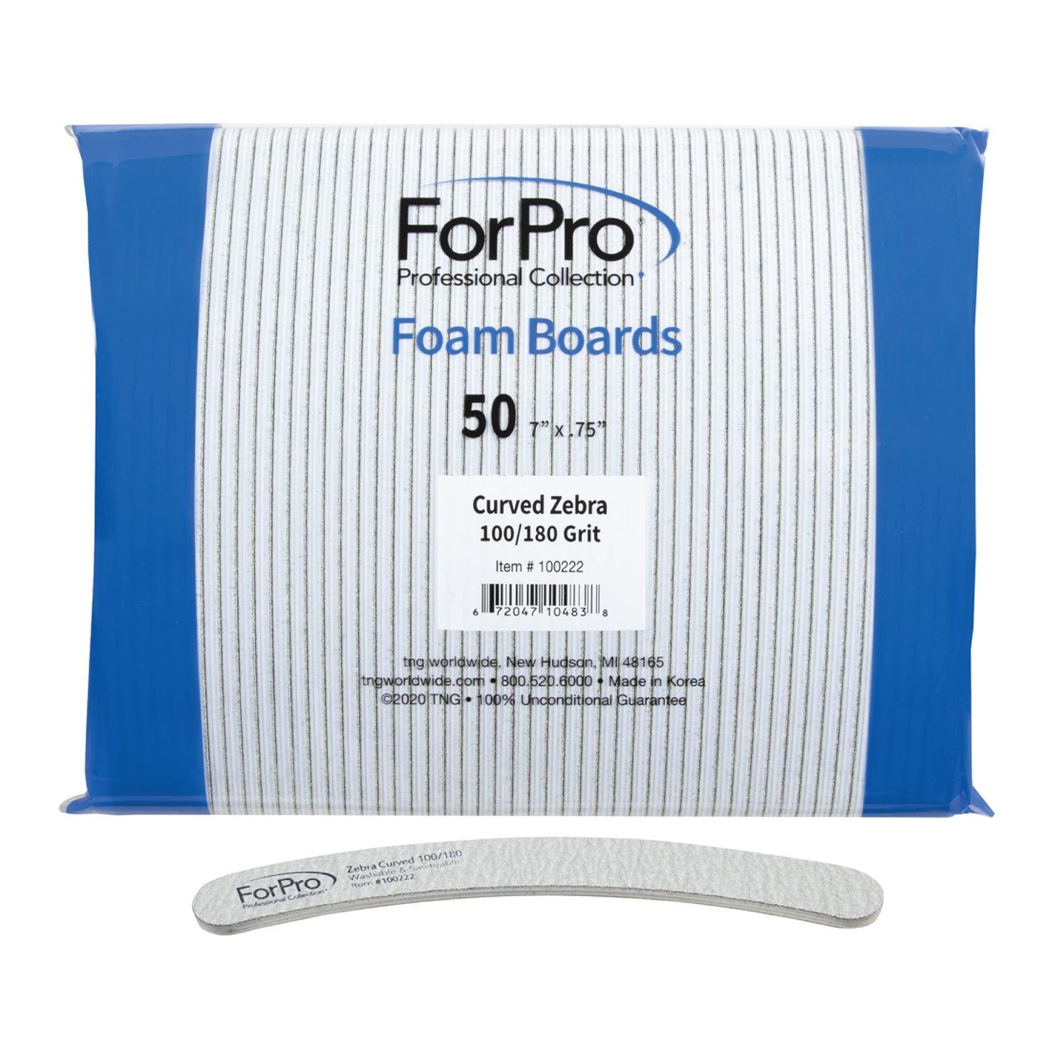 ForPro Professional Collection Zebra Curved Foam Board, 100/180 Grit, Double-Sided Manicure and Pedicure Nail Files, 7 L x .75 W, 50-Count
