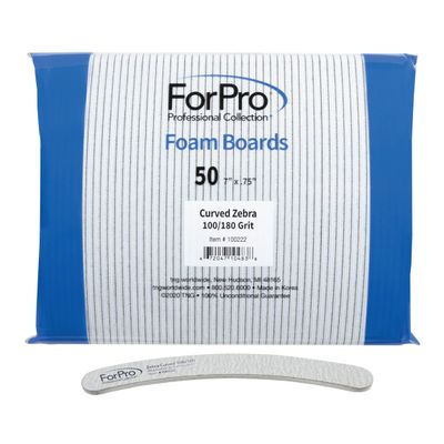 ForPro Professional Collection Zebra Curved Foam Board, 100/180 Grit, Double-Sided Manicure and Pedicure Nail Files, 7 L x .75 W, 50-Count