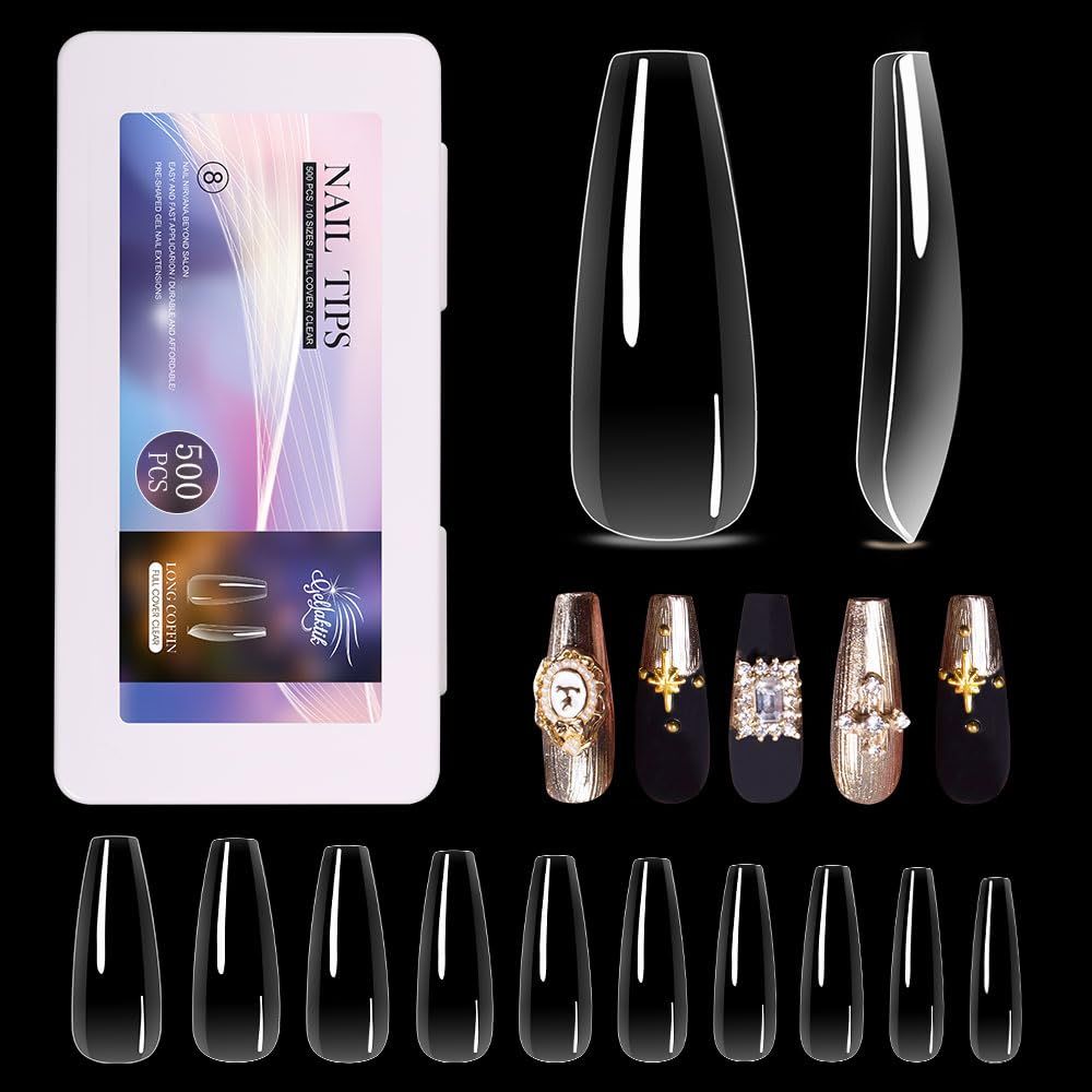 GELLAKTIK Long Coffin Nail Tips 500PCS, Clear Acrylic Full Cover Gel Press on Nail Tips for DIY Salon, 10 Sizes Pre-Shaped False Nails with Glossy Finish, Professional Manicure Kit &amp; Easy Application