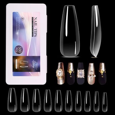 GELLAKTIK Long Coffin Nail Tips 500PCS, Clear Acrylic Full Cover Gel Press on Nail Tips for DIY Salon, 10 Sizes Pre-Shaped False Nails with Glossy Finish, Professional Manicure Kit &amp; Easy Application