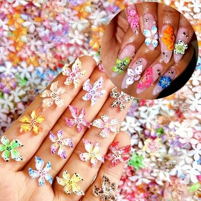 100PCS Flower Nail Art Charms 3D Hawaii Flowers Nail Rhinestones Hibiscus Floral Nail Gems 3D Mixed Colorful Flower Nail Diamonds Spring Summer Nail Jewelry Nail Decor for Women Acrylic Nail Supplies