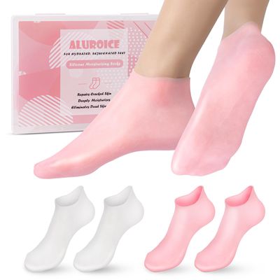 Aluroice 2 Pairs Silicone Moisturizing Socks for Dry Cracked Feet Women, Soft Gel Pedicure Foot Spa Aloe Socks, Anti-Slip Moisturizer Socks for Dry Cracked Feet Overnight Foot Care Pink&amp;White