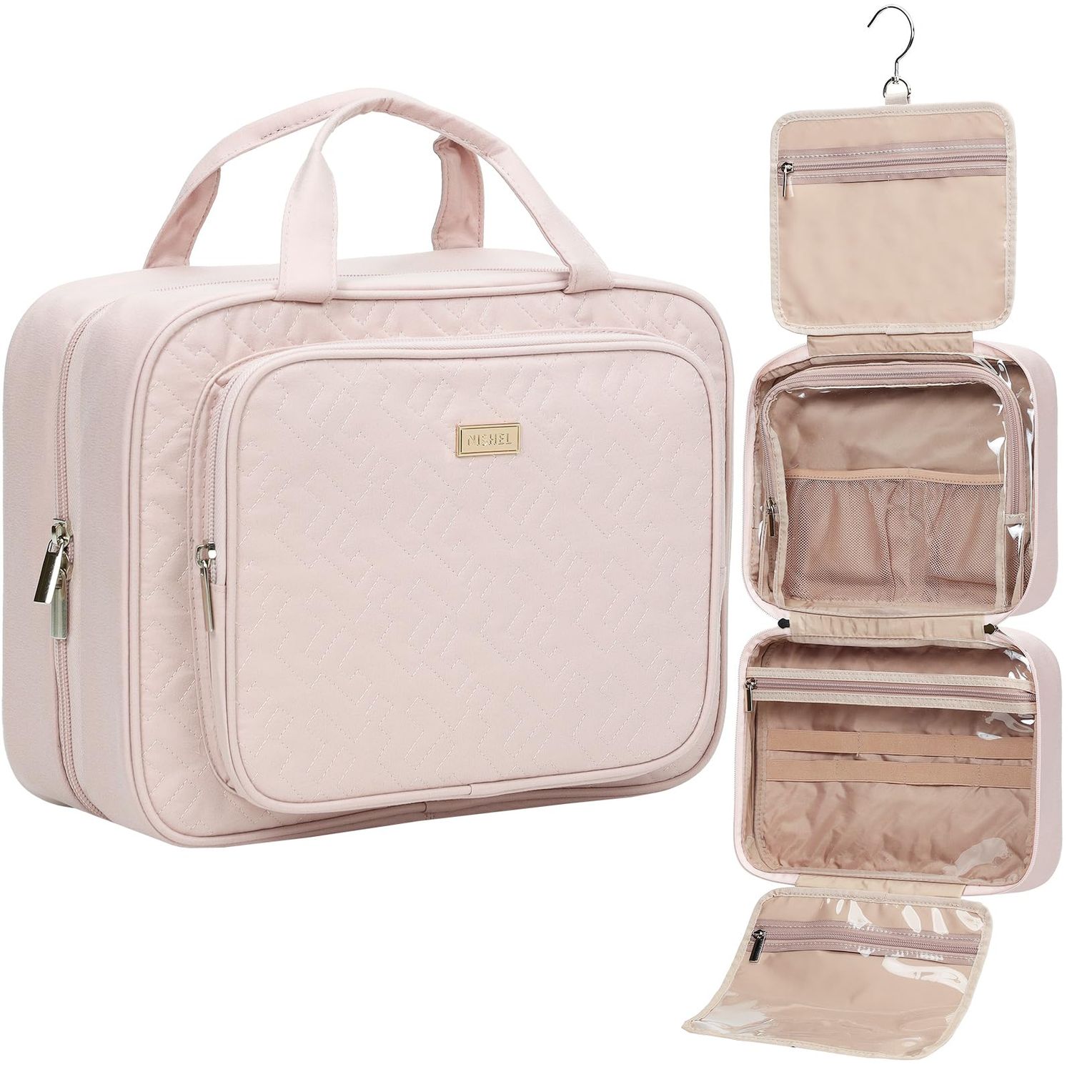 NISHEL Travel Toiletry Bag for Women Large Capacity, Makeup Essentials Organizer, Hanging Case for Accessories, Cosmetics, Pink