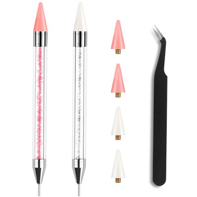 Kaychan Rhinestone Picker Tool 2 Acrylic Handle Rhinestones Applicator Dual-Ended DIY Nail Art Tool with 4 Extra Wax Tips and 1 Tweezer