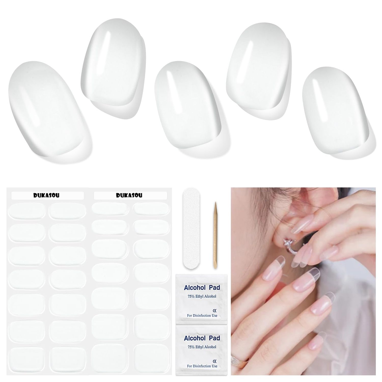 DUKASOU Semi Cured Gel Nail Strips, Transparent | 28 pcs Gel Nail Strips Work with Any UV Lamp, Salon Quality UV Nails Stickers, Easy to Apply for Home Nails DIY