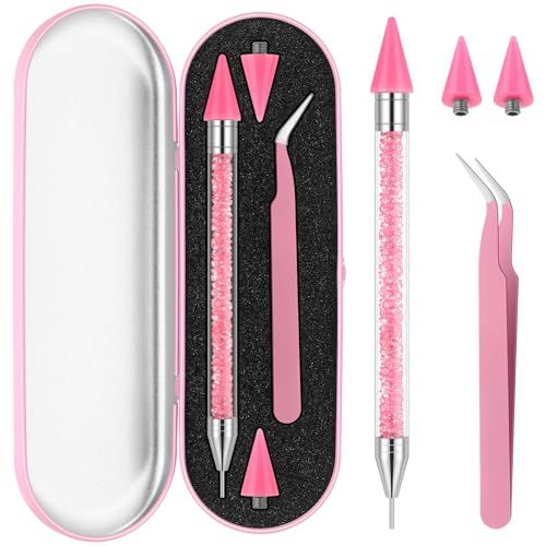 Tatuo Rhinestone Picker Tool Set Wax Pen for Rhinestones Diamond Art Painting Dual Head Dotting Pen with 2 Extra Wax Tips and 1 Nail Art Tweezer for Nail Art DIY Crafts(Pink)