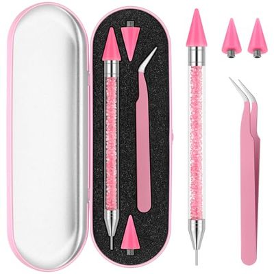 Tatuo Rhinestone Picker Tool Set Wax Pen for Rhinestones Diamond Art Painting Dual Head Dotting Pen with 2 Extra Wax Tips and 1 Nail Art Tweezer for Nail Art DIY Crafts(Pink)