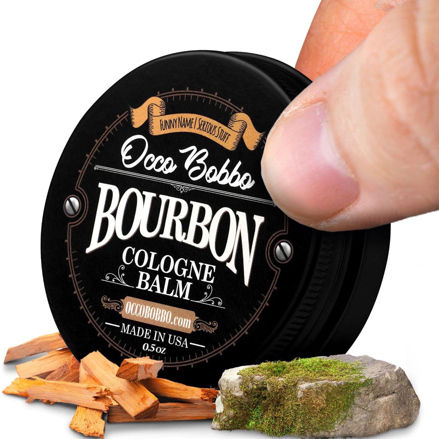 Occo Bobbo Solid Cologne for Men, Bourbon and Sandalwood Scent, .5 Ounce Concentrated Balm, Smooth Woody Oak Barrel Blend