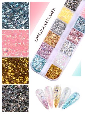 EBANKU 24 Grid Holographic Nail Art Flakes, Foil Glitter Sequins Confetti Gold Silver Irregular Mirror Effect Acrylic Powders Paillette for Nail Decoration