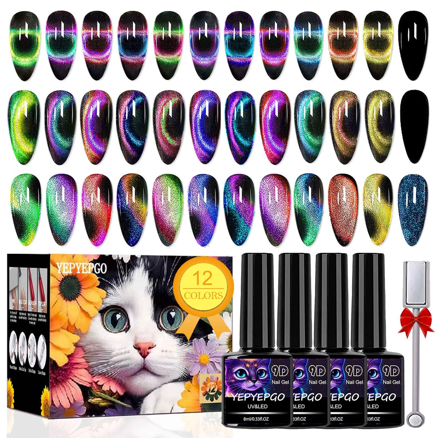 YEPYEPGO 9D Cat Eye Gel Nail Polish Set 12 Colors, Cat Eye Gel Polish with Magnet, Magnetic Cateye Chameleon Galaxy Effects Professional Use for Salon