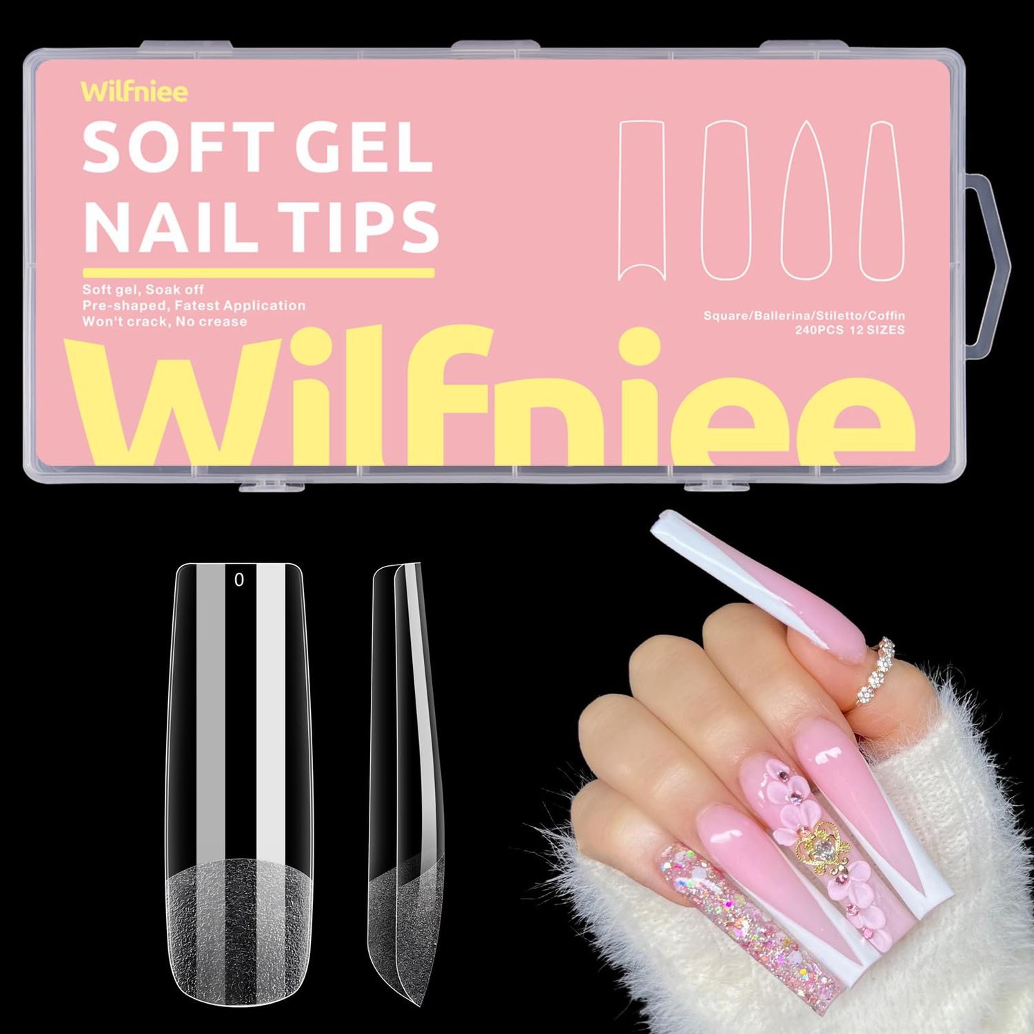 Wilfniee Soft Gel Square Nail Tips, 240PCS Clear Ballerina Tips for Acrylic Nail Tips Professional, Pre Shaped Full Cover Press on Nails for Nail Polish Dip Powder Salons Home DIY