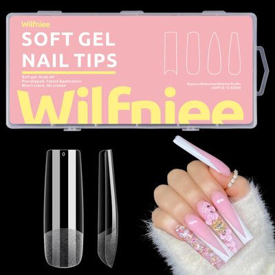 Wilfniee Soft Gel Square Nail Tips, 240PCS Clear Ballerina Tips for Acrylic Nail Tips Professional, Pre Shaped Full Cover Press on Nails for Nail Polish Dip Powder Salons Home DIY