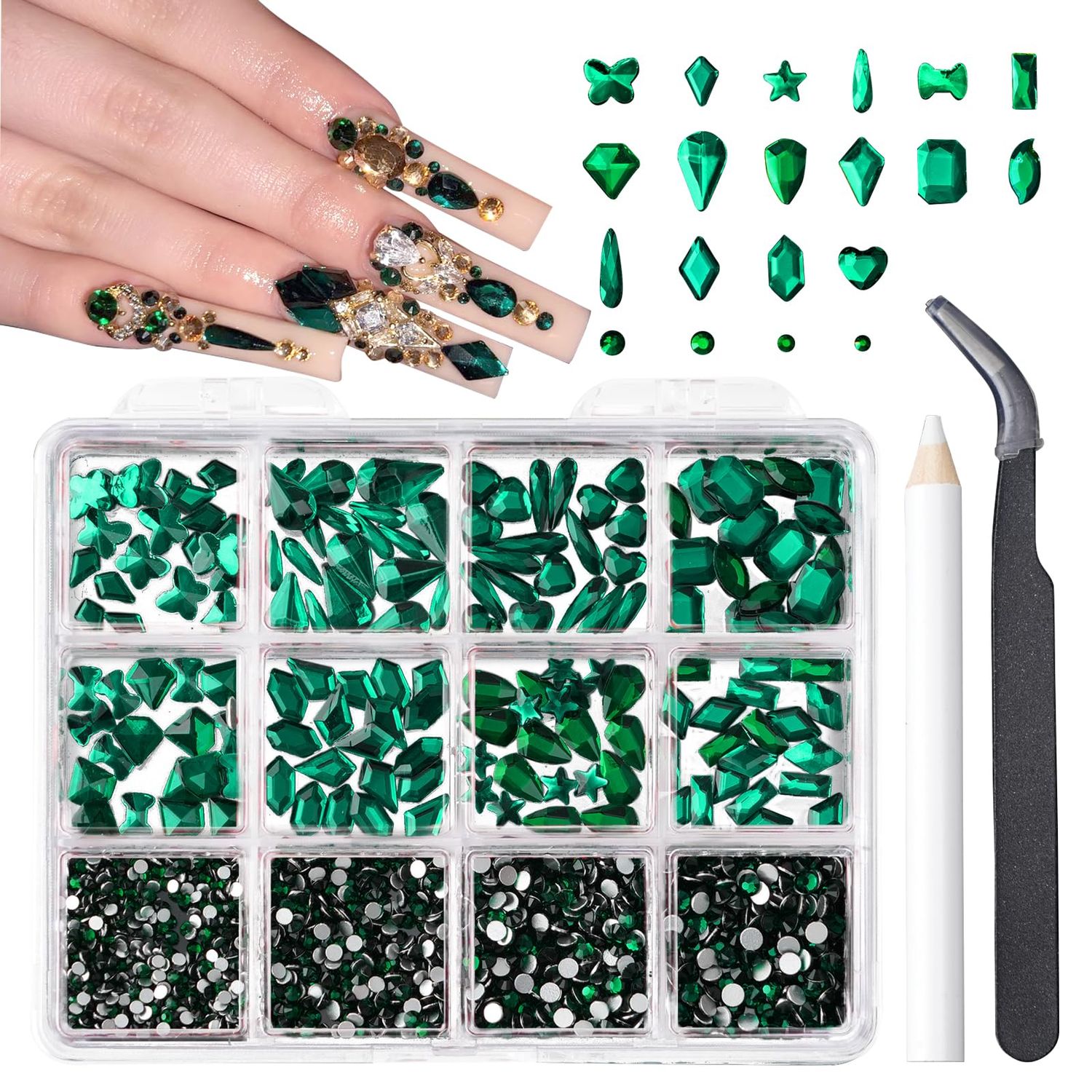 Sikkis Nail Rhinestones Green Glass, 1600pcs Multi Shapes Flatback Gems 3D Crystal Diomand Jewelry Gemstone for Nail Art with Rhinestones Picker and Tweezers for Nail DIY Craft Decoration