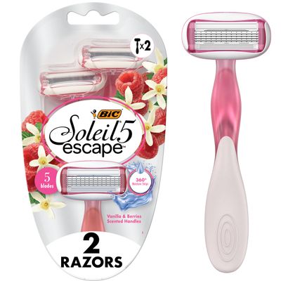BIC Soleil Escape Womens Disposable Razors With 5 Blades for a Sensorial Experience and Comfortable Shave, Pack of Vanilla and Berries Scented Handle Shaving Razors for Women, 2 Count