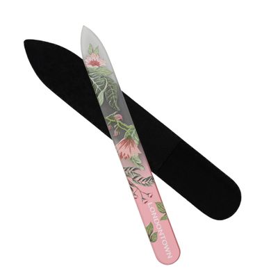 LONDONTOWN Safara Double-Sided Glass Nail File &amp; Care Tool, Professional Grit Etched Crystal Manicure Accessory with Case Pouch
