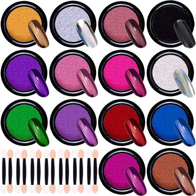 Duufin 14 Jars Chrome Nail Powder Metallic Nail Art Powder Mirror Effect Manicure Chrome Powder 14 Colors Nail Powders with 14 Pcs Eyeshadow Sticks, 1g/Jar