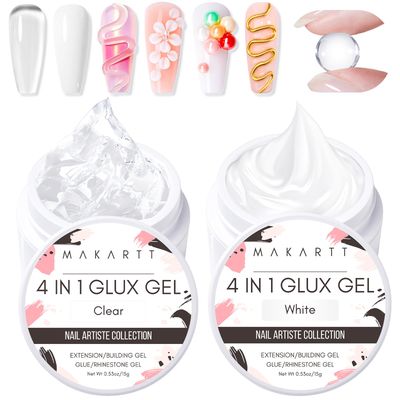 Makartt Solid Gel Builder: 4-in-1 2pcs Clear and White Non-sticky for Extension 3D Sculpting Nail, UV Glue for Acrylic Tips, Rhinestones &amp; Sculpture Hard Gels for Nails UV/LED Lamp Required