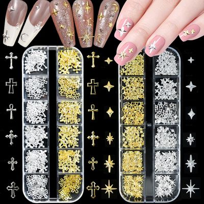 Star Cross Nail Charms - 2 Boxes Nail Star Charms Art - Y2k Silver and Gold Cross Nail Art - Metal Nail Art Decoration Set - Star Nail Studs (Star Cross Set)