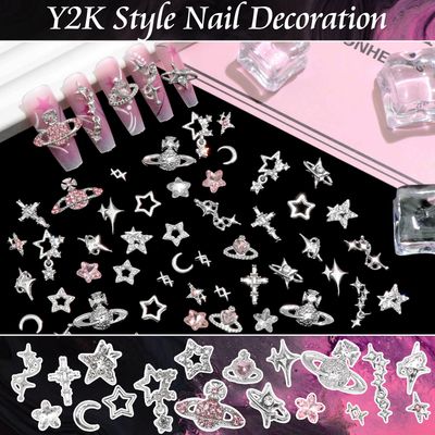 RODAKY 128PCS Silver Nail Charms Cross Star Charms for Nails 3D Saturn Planet Nail Jewelry Pink Nail Rhinestone Gems Mixed Style Y2K Nail Decoration Manicure Design Nail Accessories