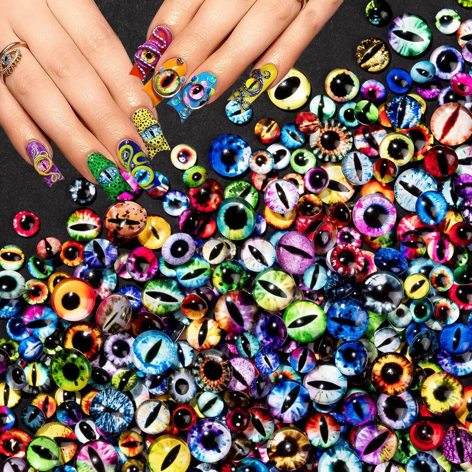 HFKPJRT 150Pcs Eye Nail Charms, 6mm 8mm 10mm Eyeball Charms for Nails, Dragon Eye Nail Charms, Animal Eyes Beads Decoration for Acrylic Nails, 3D Glass Eyes for Dolls, Halloween DIY Craft