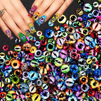 HFKPJRT 150Pcs Eye Nail Charms, 6mm 8mm 10mm Eyeball Charms for Nails, Dragon Eye Nail Charms, Animal Eyes Beads Decoration for Acrylic Nails, 3D Glass Eyes for Dolls, Halloween DIY Craft