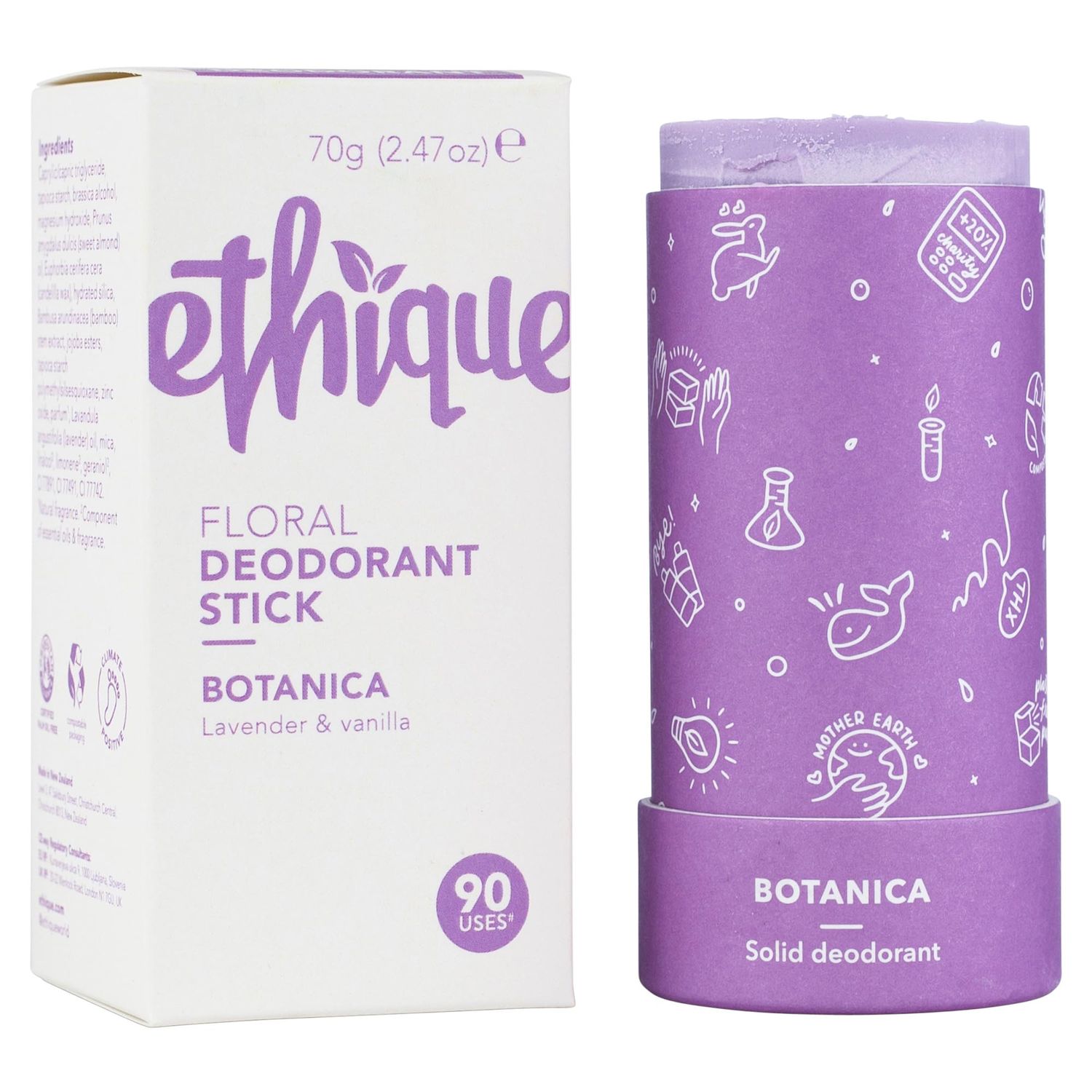 Ethique Botanica Floral Deodorant Stick for Men &amp; Women - Aluminum-Free, Plastic-Free, Vegan, Cruelty-Free, Eco-Friendly, 2.47 oz (Pack of 1)