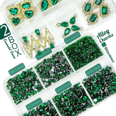 24pcs Green Luxury Nail Charms 2000pcs Emerald Green Rhinestones 3D Big Gems Glass Crystals Diamonds Jewelry Stones Alloy Art Studs Decor Supplies Heart Charms for Arylic Nails Crafts