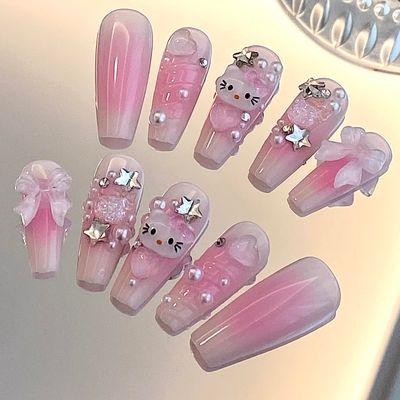 YHGIJ Press on Nails Long - Kawaii Nails Pink Press on Nails, Light Pink Press on Nails, Y2k Nails Summer Press on Nails, Gel Nail Glue Fake Nails Stick on Nails with Designs for Young Girls Present
