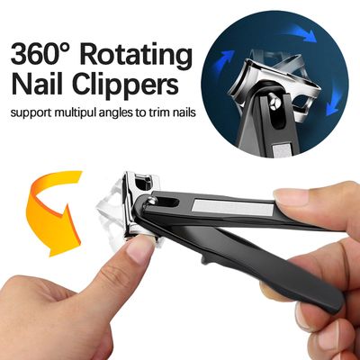 VOGARB 360 Rotating Head Nail Clippers for Seniors Long Handled Toenail Clippers for Men Thick Nails Heavy Duty Large Sharp Finger Nail Cutter, Stainless Steel, Black