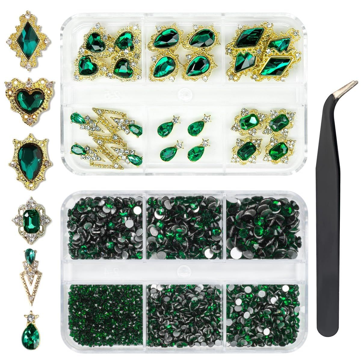 24pcs Green Luxury Nail Charms 2000pcs Emerald Green Rhinestones 3D Big Gems Glass Crystals Diamonds Jewelry Stones Alloy Art Studs Decor Supplies Heart Charms for Arylic Nails Crafts