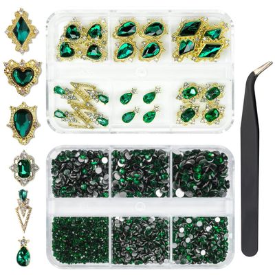 24pcs Green Luxury Nail Charms 2000pcs Emerald Green Rhinestones 3D Big Gems Glass Crystals Diamonds Jewelry Stones Alloy Art Studs Decor Supplies Heart Charms for Arylic Nails Crafts