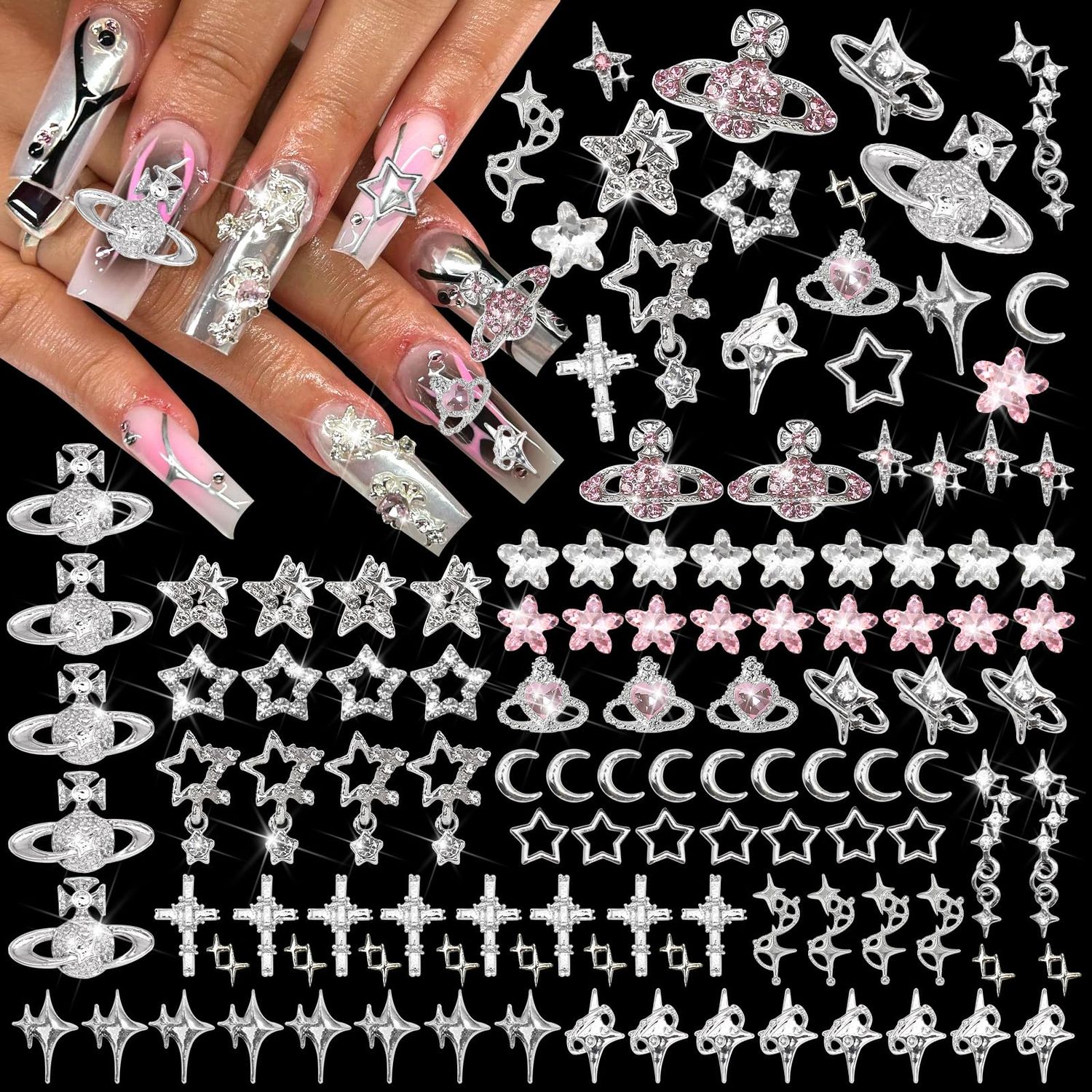RODAKY 128PCS Silver Nail Charms Cross Star Charms for Nails 3D Saturn Planet Nail Jewelry Pink Nail Rhinestone Gems Mixed Style Y2K Nail Decoration Manicure Design Nail Accessories