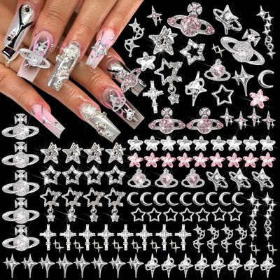 RODAKY 128PCS Silver Nail Charms Cross Star Charms for Nails 3D Saturn Planet Nail Jewelry Pink Nail Rhinestone Gems Mixed Style Y2K Nail Decoration Manicure Design Nail Accessories