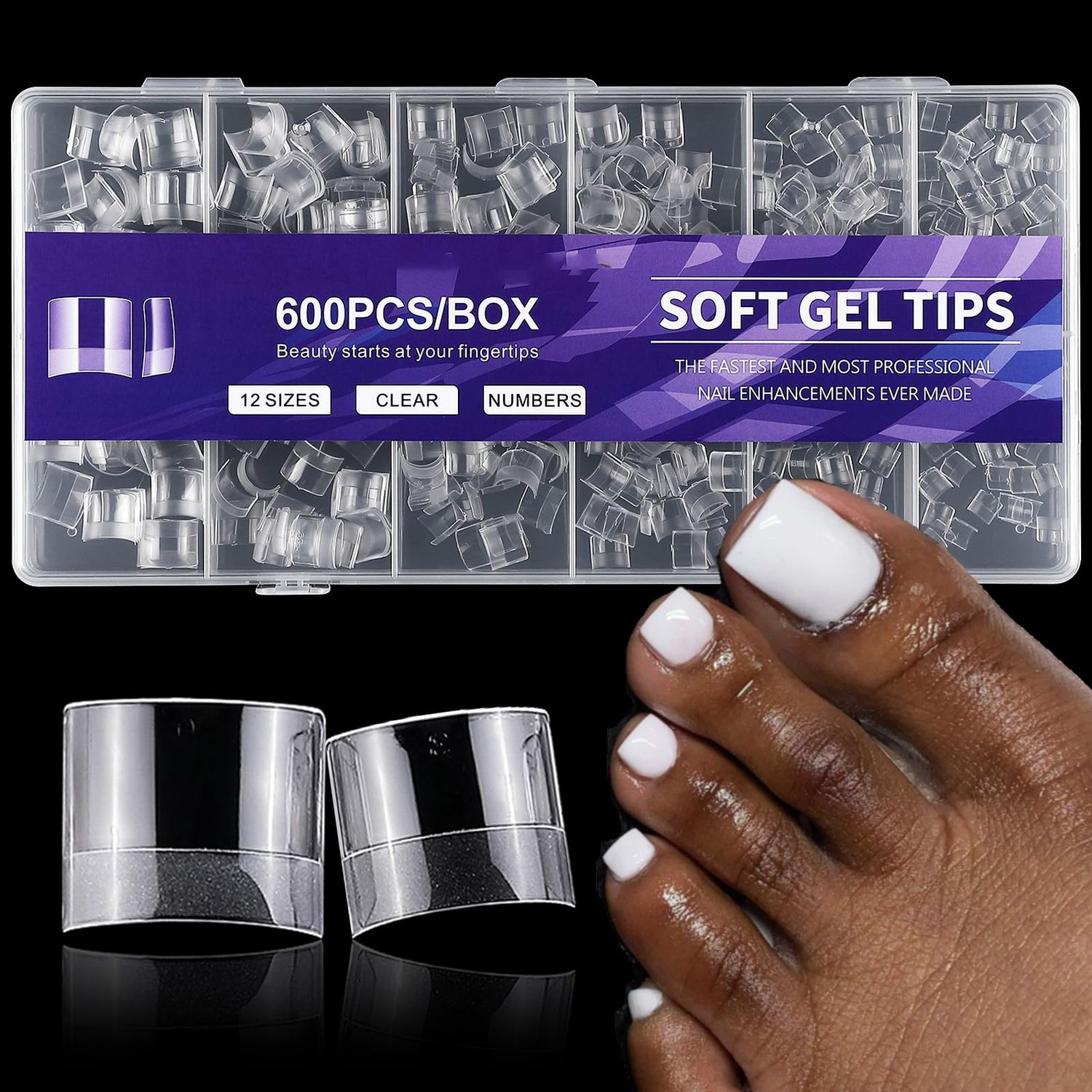 AddFavor Toe Nail Tips, 600pcs Soft Gel Toenail Tips Short Square Fake Toe Nails, Clear False Toe Tips 12 Sizes Acrylic Nail Tips for Toe Nails Extension