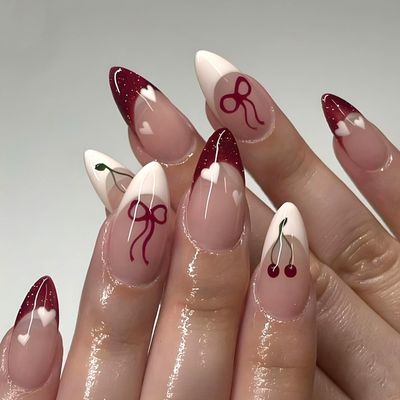 24Pcs French Tip Press on Nails Medium Almond Fake Nails with Red Cherry Bow Heart Designs Glossy False Nails Cute Acrylic Nails Gel Glue on Nails for Coquette Women Girlfriend Gift