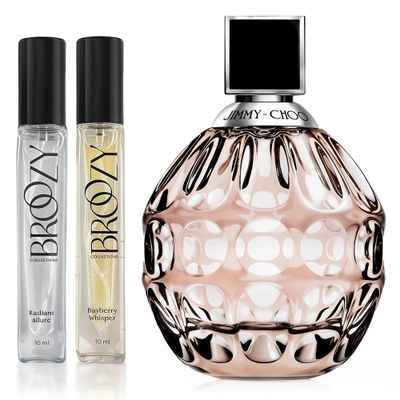 Broozy Collections - Perfume Set for Women | Bundle of 1 Designer Fragrance Jimmy-Choo Eau de Parfum (3.4oz) and 2 Broozy Mini Scent Samples for Women (10ml each) | Luxury Perfume Gift Set