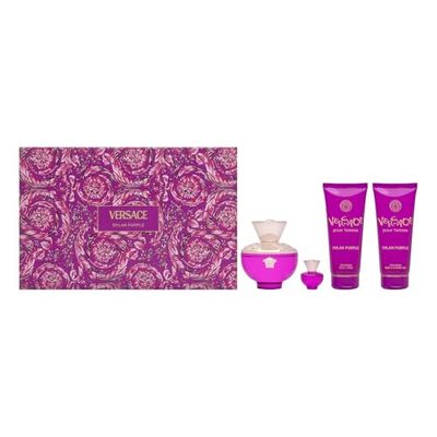 Versace Dylan Purple for Women 4 Piece Set Includes: 3.4 oz Eau de Parfum Spray 3.4 oz Perfumed Bath Shower Gel 3.4 oz Perfumed Body Lotion 0.17 oz Eau de Parfum