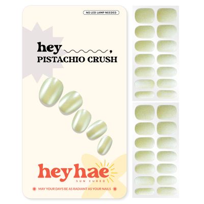 Heyhae Semi Cured Gel Nail Strips | No LED Lamp Needed | Summer, Chrome, Green | Easy Apply &amp; Remove, Salon Quality | Includes 28 Strips, 1 Prep Pads, Nail File &amp; Wooden stick - Hey, Pistachio Crush