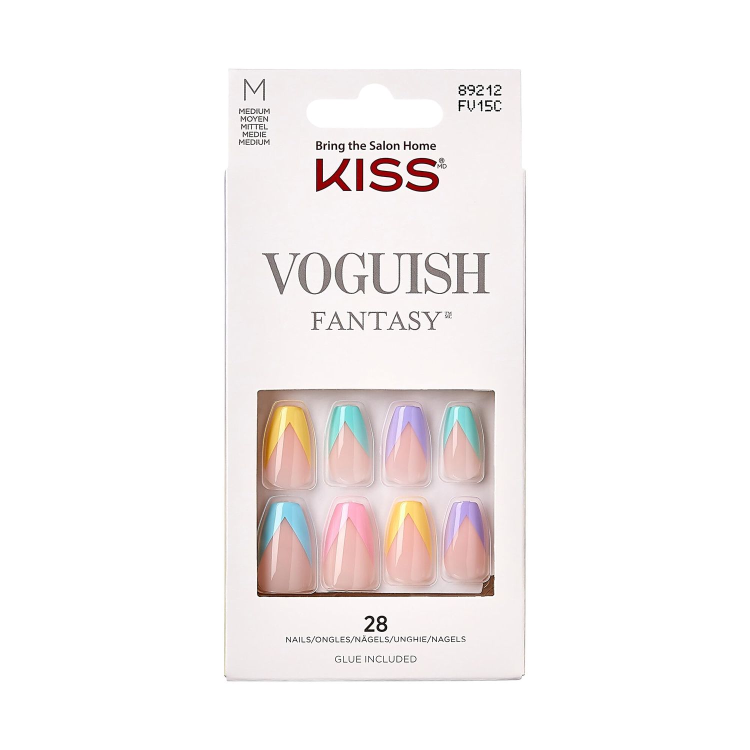 KISS Voguish Fantasy, Press-On Nails, Nail glue included, Candies, Multicolor, Medium Size, Coffin Shape, Includes 28 Nails, 2g glue, 1 Manicure Stick, 1 Mini File