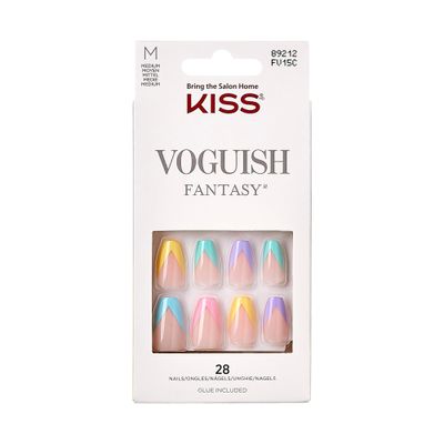 KISS Voguish Fantasy, Press-On Nails, Nail glue included, Candies, Multicolor, Medium Size, Coffin Shape, Includes 28 Nails, 2g glue, 1 Manicure Stick, 1 Mini File