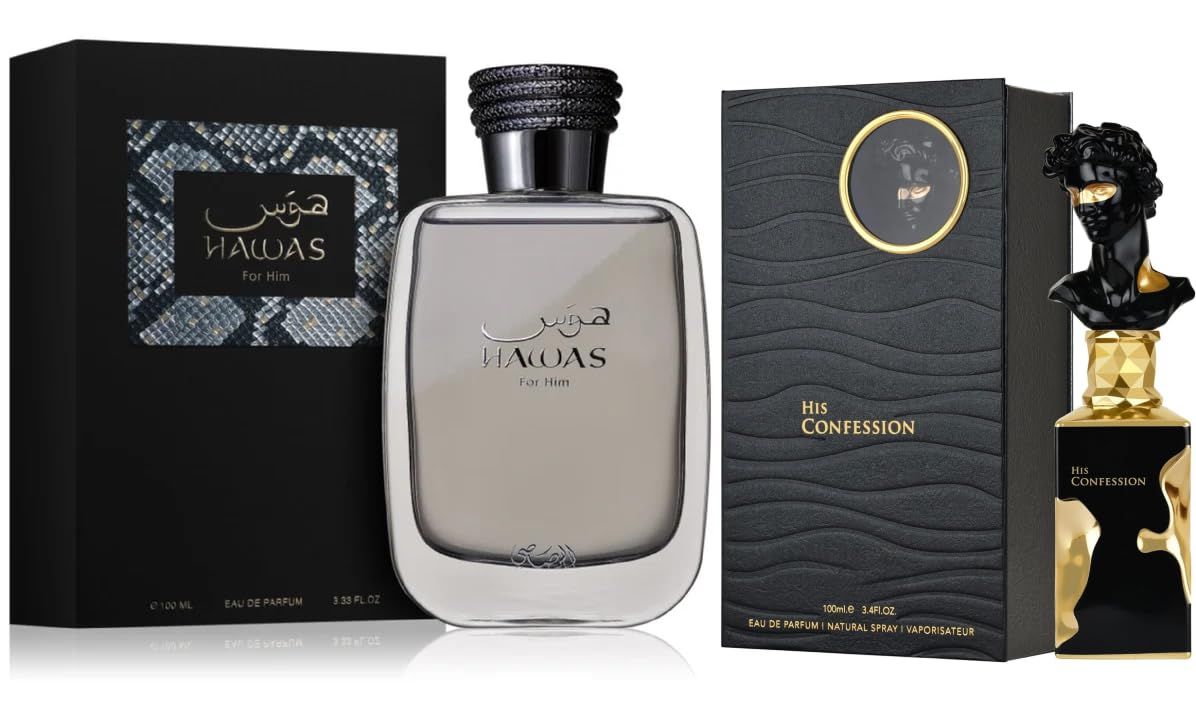 Perfumes His Confession for Men and Rasasi Hawas for Men Eau de Parfum Spray Bundle 3.4 Ounce / 100 Ml each