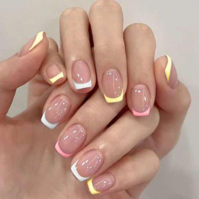 CUZIAM Nail Summer Short - French Tip Press on Nails Summer Soft Gel Full Cover Stick on Nails, 24Pcs Glossy Reusable False Fake Nails Kit with Glue