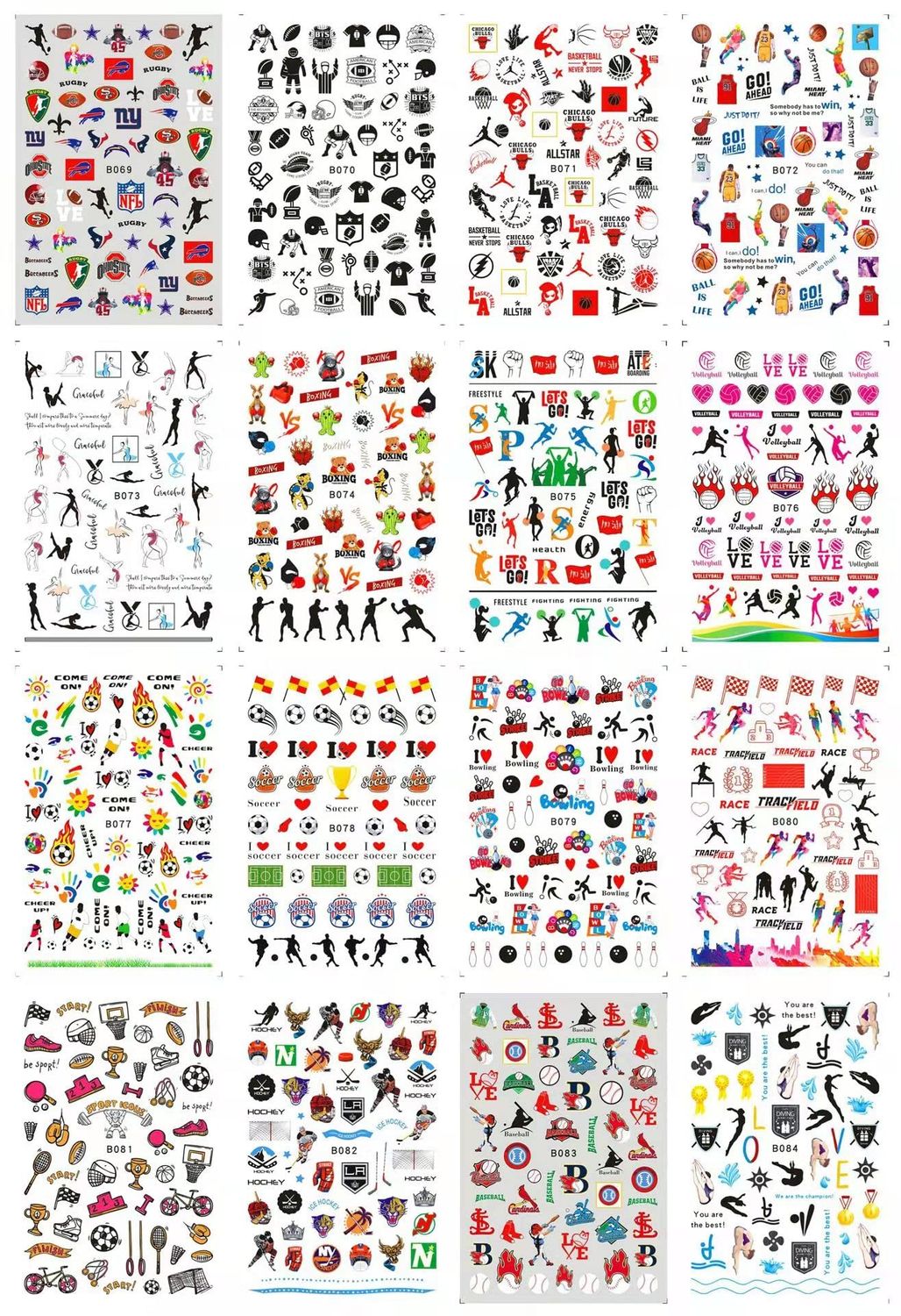 CHANGAR Football Sports Nail Art Stickers Basketball Soccer Player Nail Decals Sports Cheerleading Flag Stickers Bowling Rugby Ballet Nail Stickers Decoration for Women Girls Kids 16 Sheets