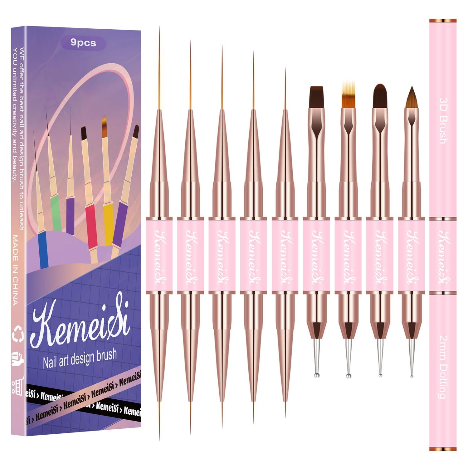 KEMEISI Nail Art Brush Set, 9PCS Double-Ended Acrylic Liner Brush Dotting Pen for Gel Polish, Nail Design Tools for Professional Manicure DIY Home Salon