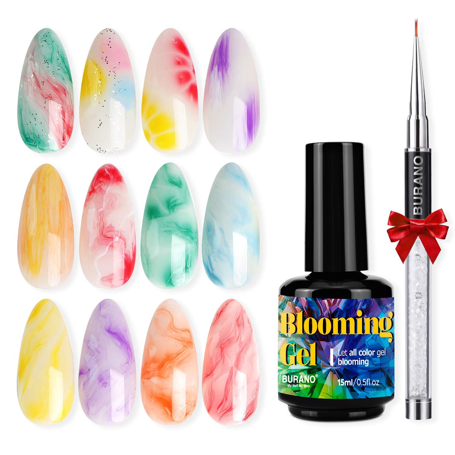 BURANO Nail Blooming Gel - UV LED Clear Blooming Gel Nail Polish for Spreading Effect 15ml 0.5 Floz with Nail Brush (blooming clear)