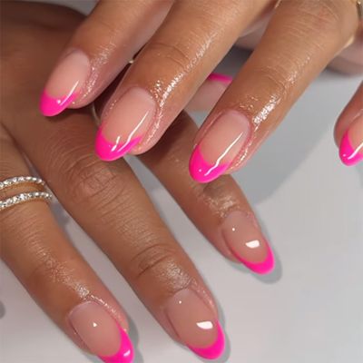 Hot Pink French Tip Cute Press on Nails Long Acrylic Nails Almond Glossy Nude Stick On Nails 24PCS Gel Glue On Nails Kit for Women and Girls