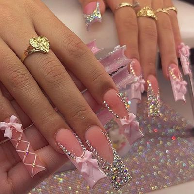 Long Press on Nails Square 3D Bow Charms Pink Fake Nails Rhinestone Glue on Nails French tips False Nails Press on Glossy Reusable Bling Spring Nails for Women Girls Manicure 24pcs