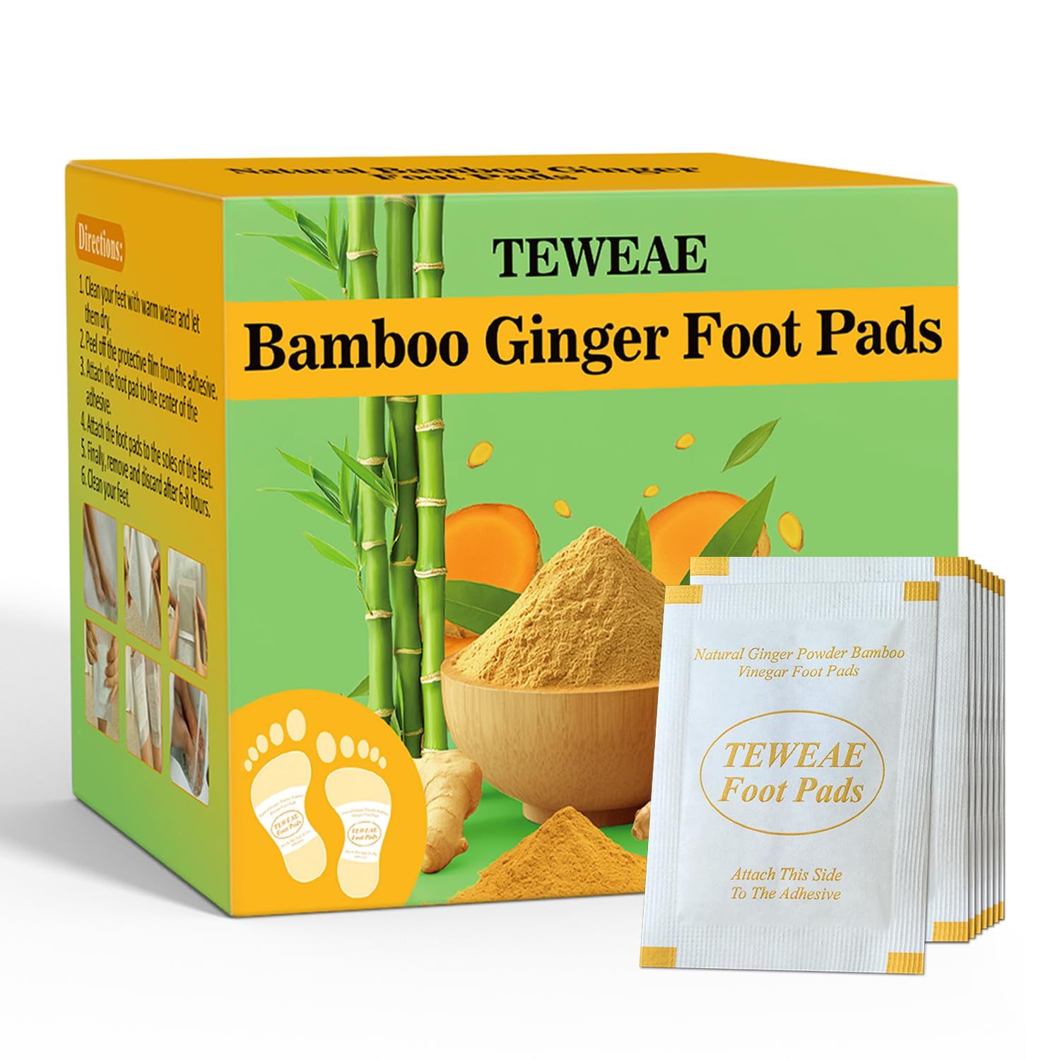 TEWEAE 62 Pads Foot Pads Natural Turmeric &amp; Ginger, Wormwood, Bamboo Vinegar, 62 Pads Goodnight Pads Included 62 Adhesive Sheets