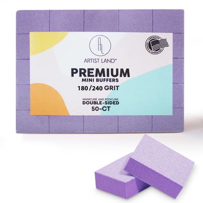 Artist Land Purple Mini Buffer Set 180/240 Grit - 50 Ct - Professional Grade Salon Quality Nail Buffing Blocks Pack for Pre-Application of Polish, Gel, Acrylic, Double-Sided Buffer Blocks
